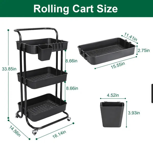 3-Tier Rolling Utility Cart with Mesh Baskets