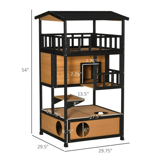 3-Tier Wooden Outdoor Cat House with Balcony