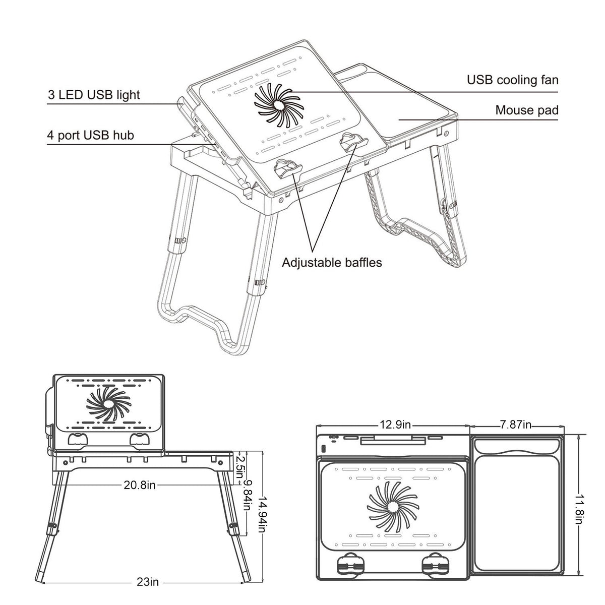 Foldable Laptop Bed Table with Cooling Fan & LED