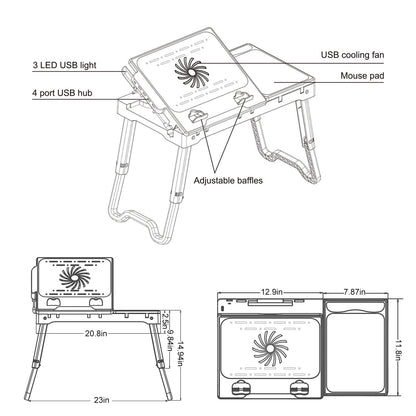 Foldable Laptop Bed Table with Cooling Fan & LED