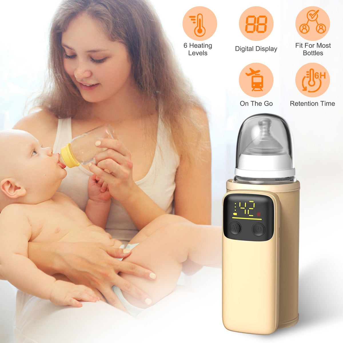 Portable Bottle Warmer with Night Light, 6 Heat Levels