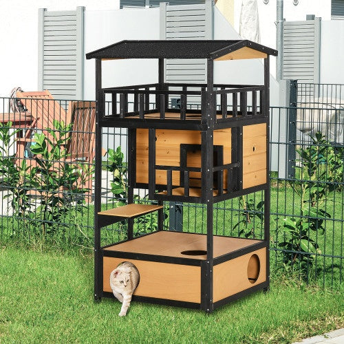 3-Tier Wooden Outdoor Cat House with Balcony