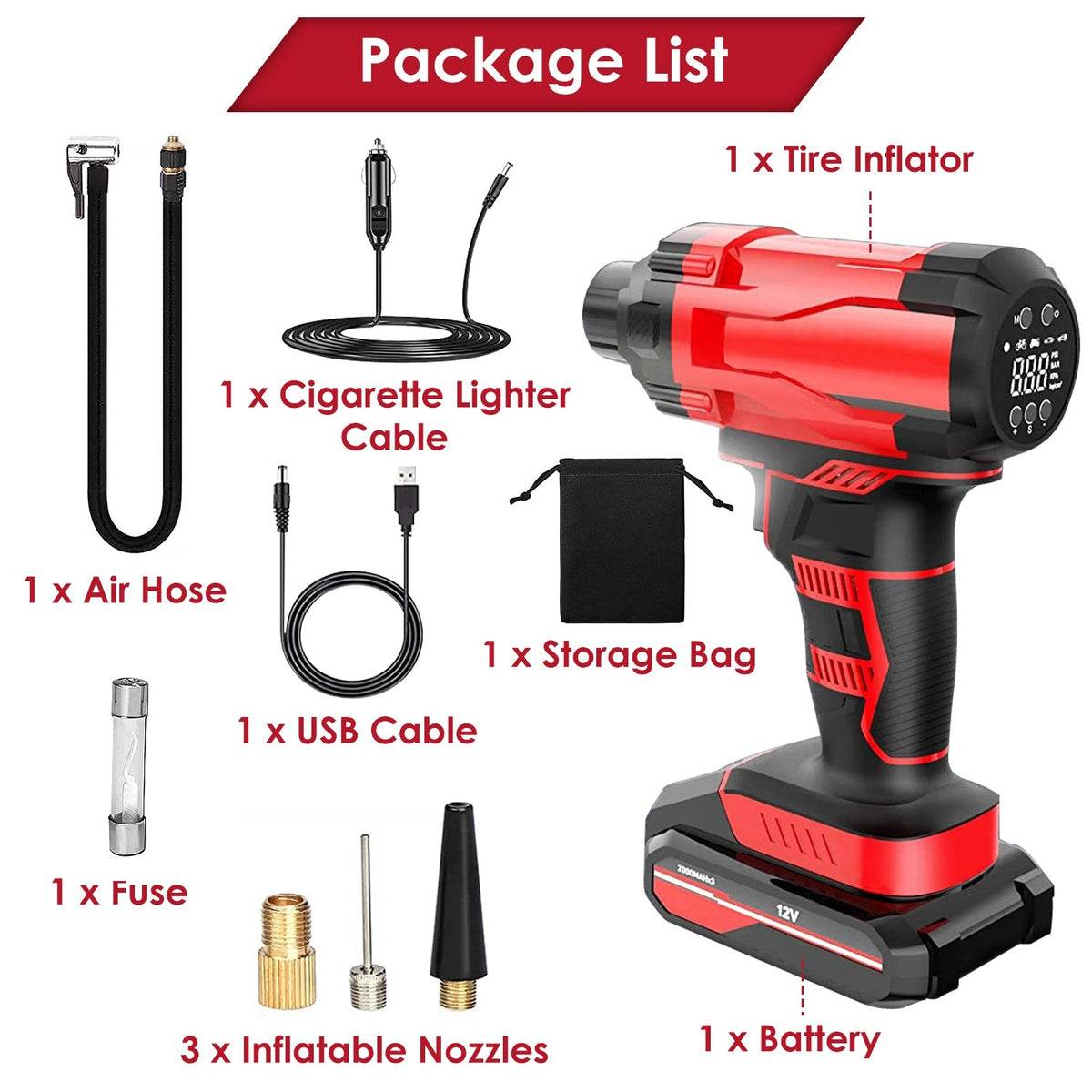 Cordless Tire Inflator, 150PSI with LED Light