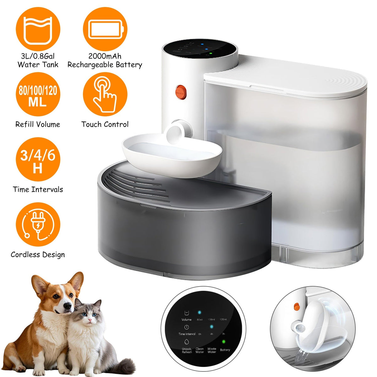 Smart Pet Water Fountain, 3L Cordless Rechargeable