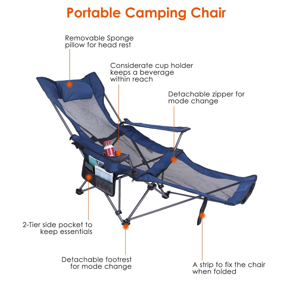 Foldable Camping Chair, 330lb, Reclining Backrest