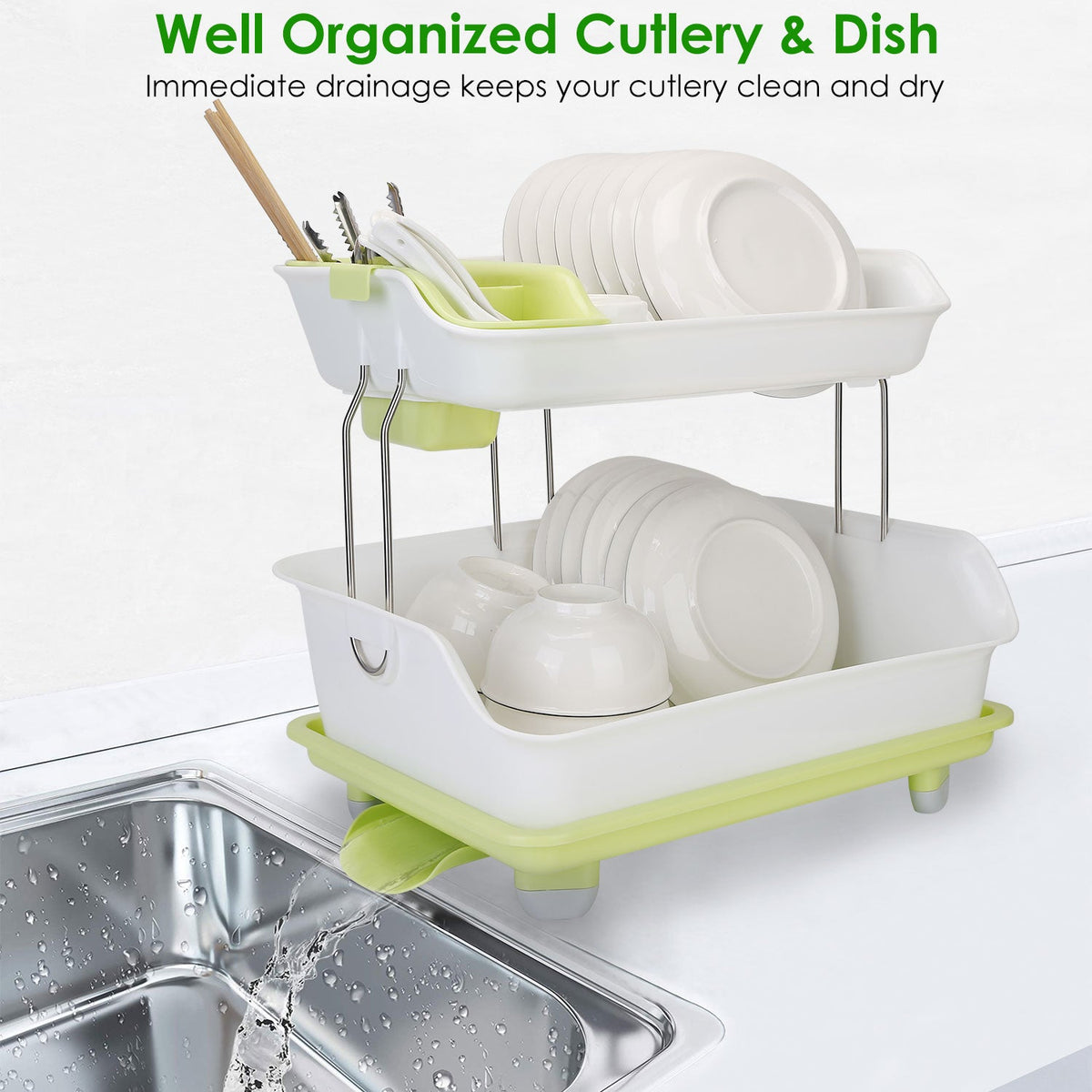 2-Tier Dish Drying Rack with Cutlery Holder