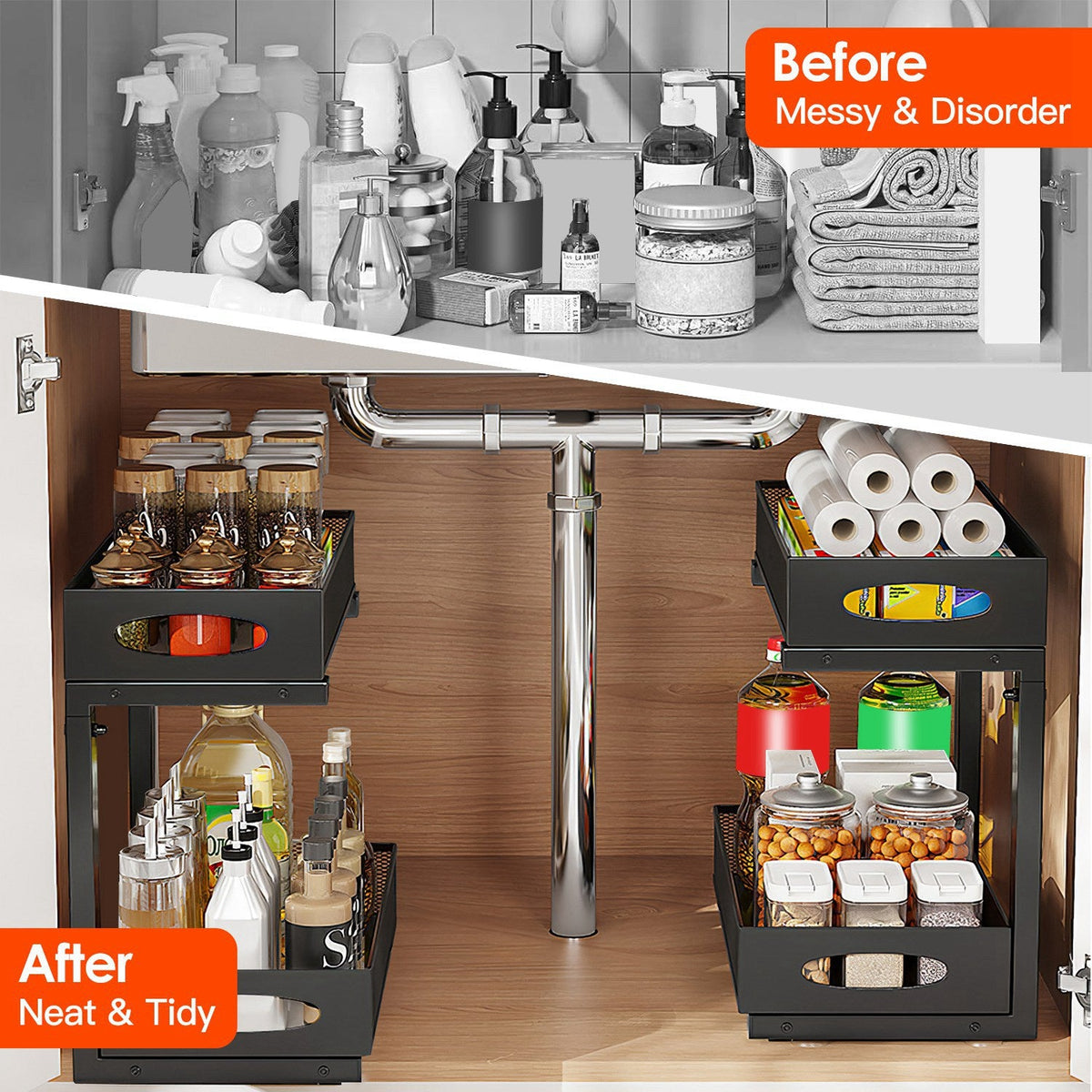 2-Pack Under Sink Organizer, Pull-Out 2-Tier Baskets