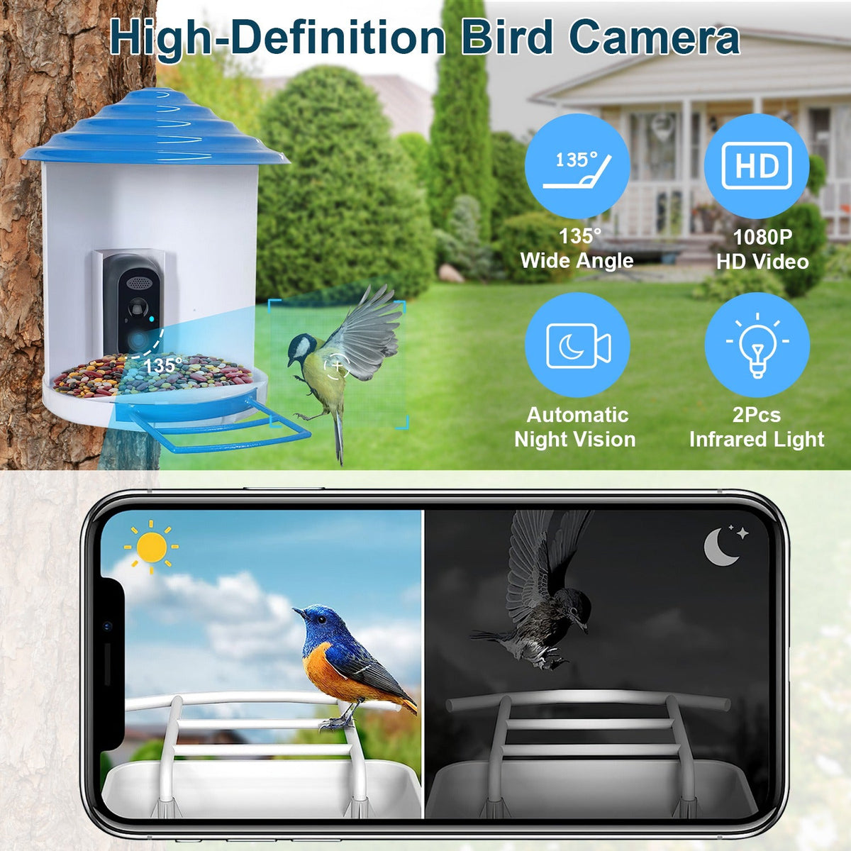 Solar Bird Feeder Camera 1080P HD AI Bird ID
