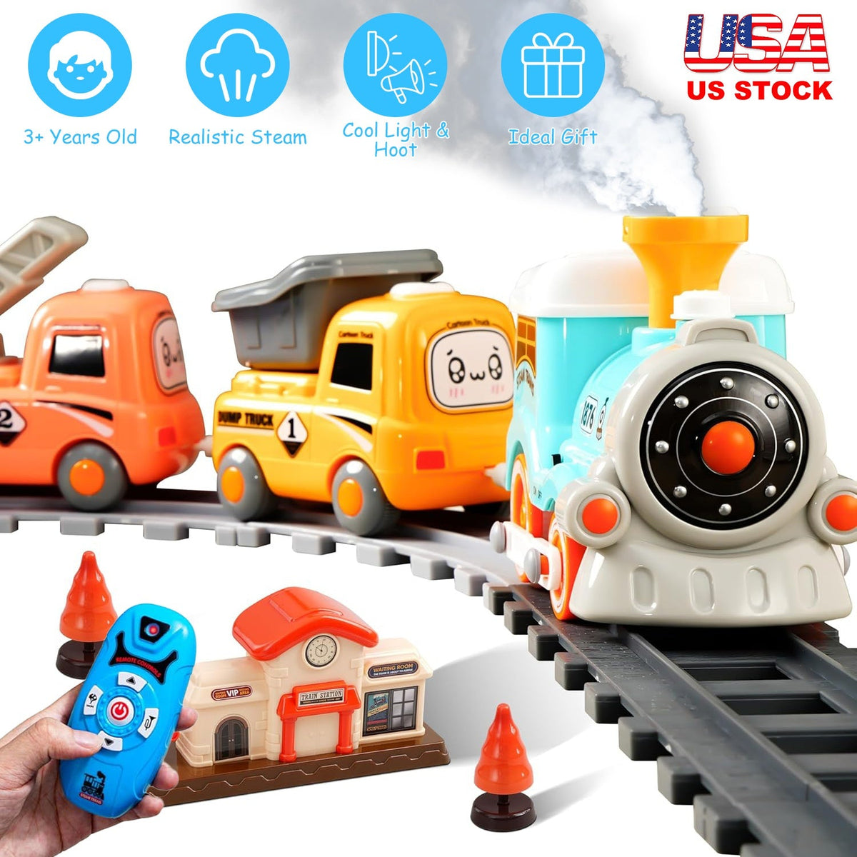 Electric Train Set with Remote, Light, Sound & Smoke