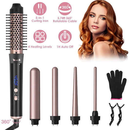 5-in-1 Curling Wand Set with 4 Heat Levels, Auto Off