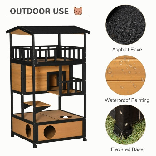 3-Tier Wooden Outdoor Cat House with Balcony