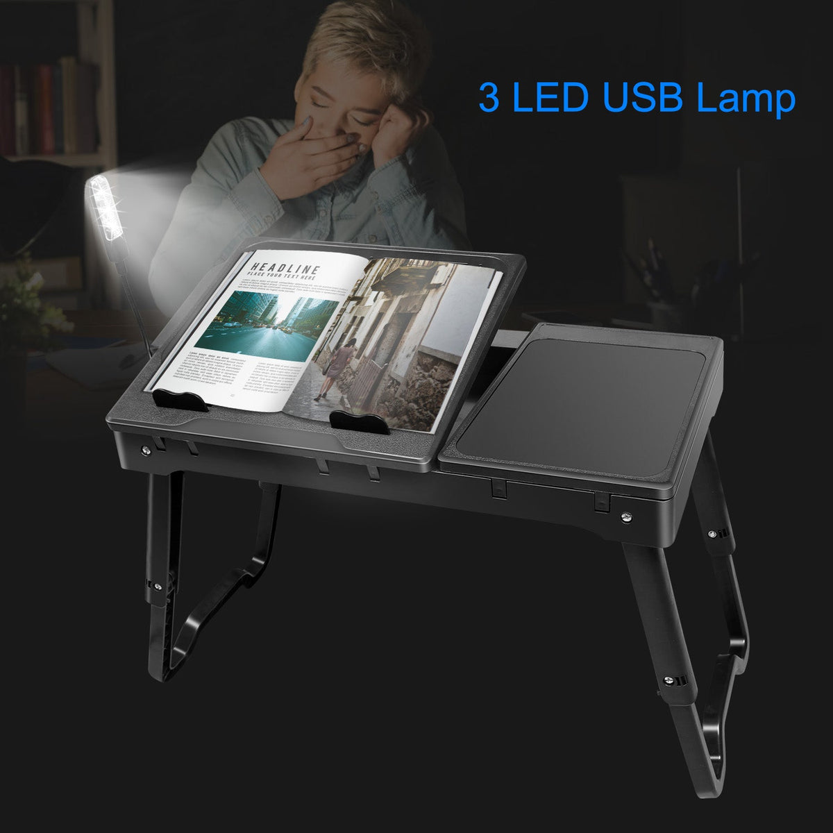 Foldable Laptop Bed Table with Cooling Fan & LED