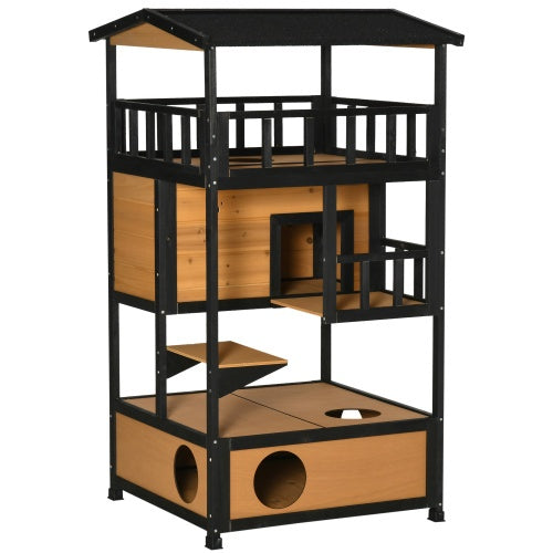 3-Tier Wooden Outdoor Cat House with Balcony