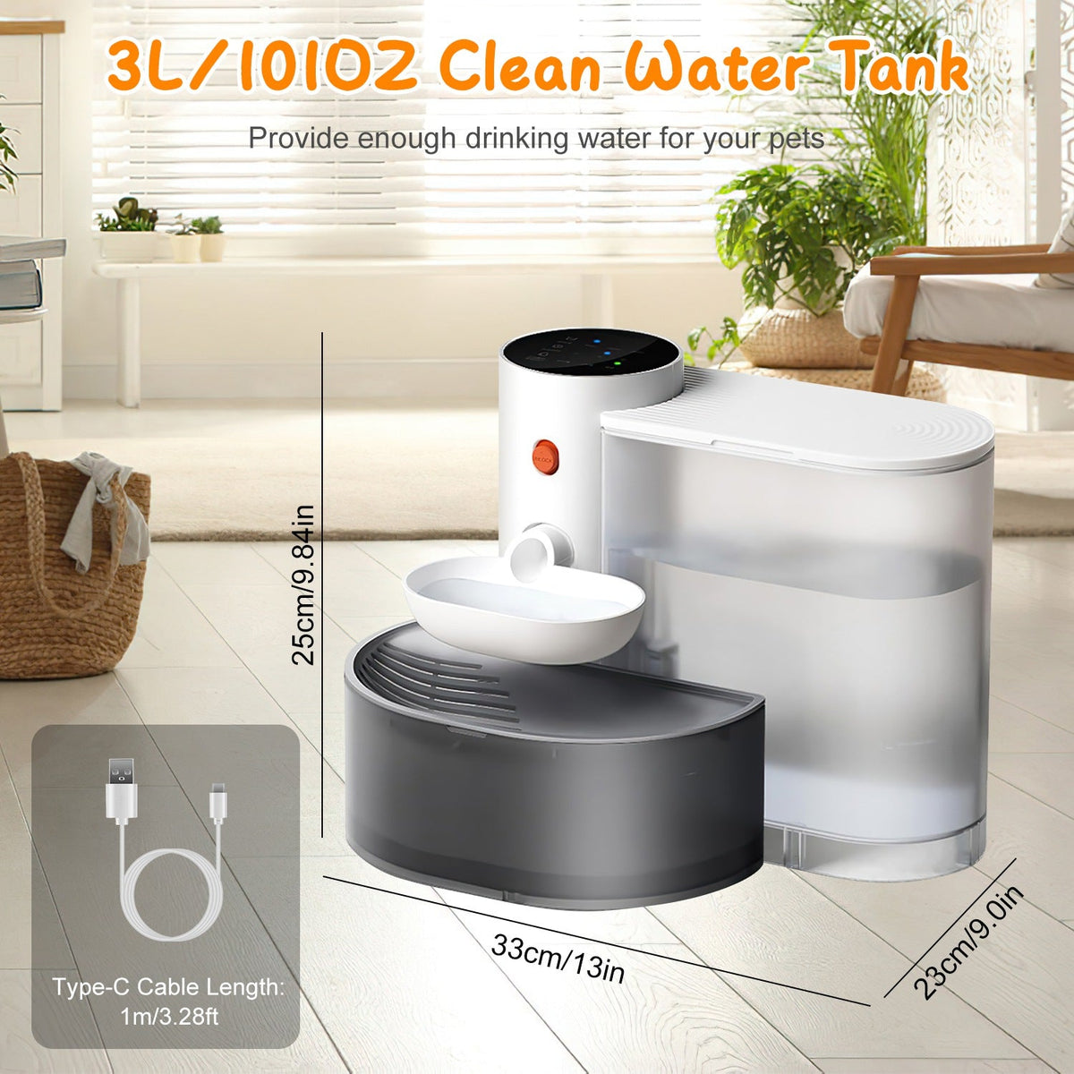 Smart Pet Water Fountain, 3L Cordless Rechargeable