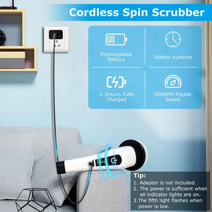 Electric Spin Scrubber, Cordless with 8 Brush Heads