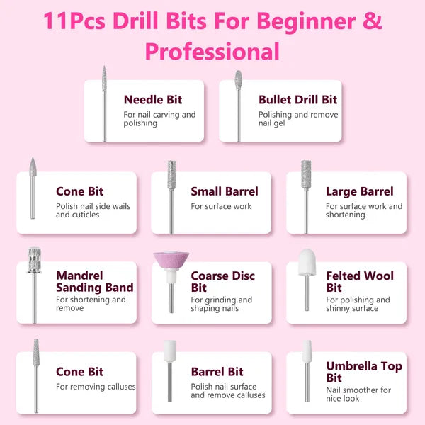 Electric Nail Drill, 45000 RPM Cordless with 11 Bits