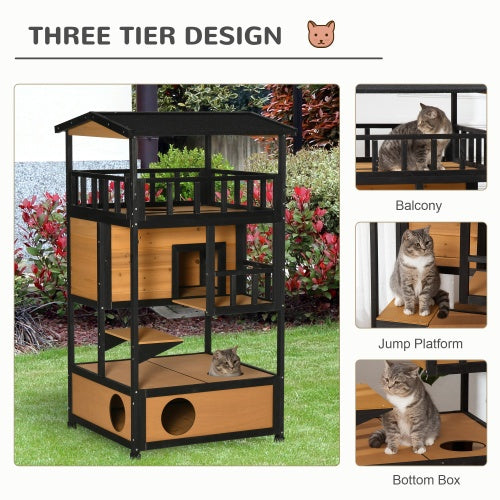 3-Tier Wooden Outdoor Cat House with Balcony