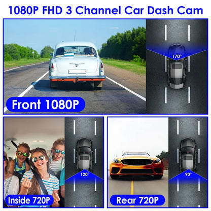 3-Channel WiFi Dash Cam 1080P Front Rear Inside