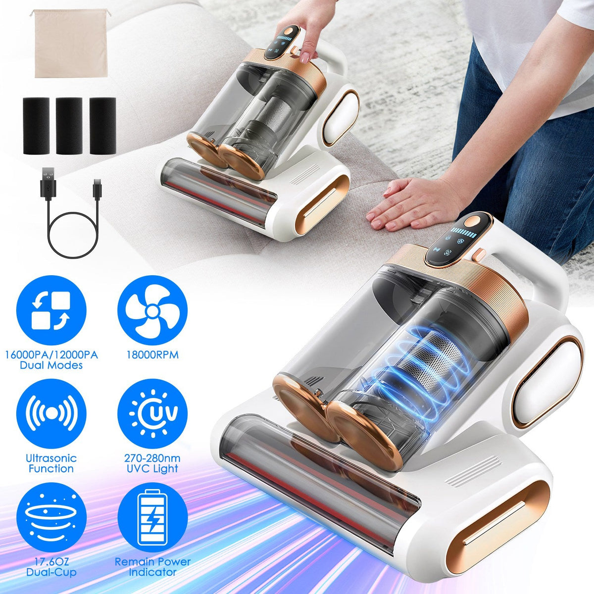 Mattress Vacuum Cleaner with UVC Light, 16KPa Suction