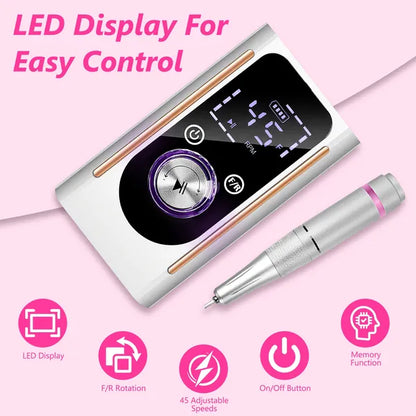 Electric Nail Drill, 45000 RPM Cordless with 11 Bits