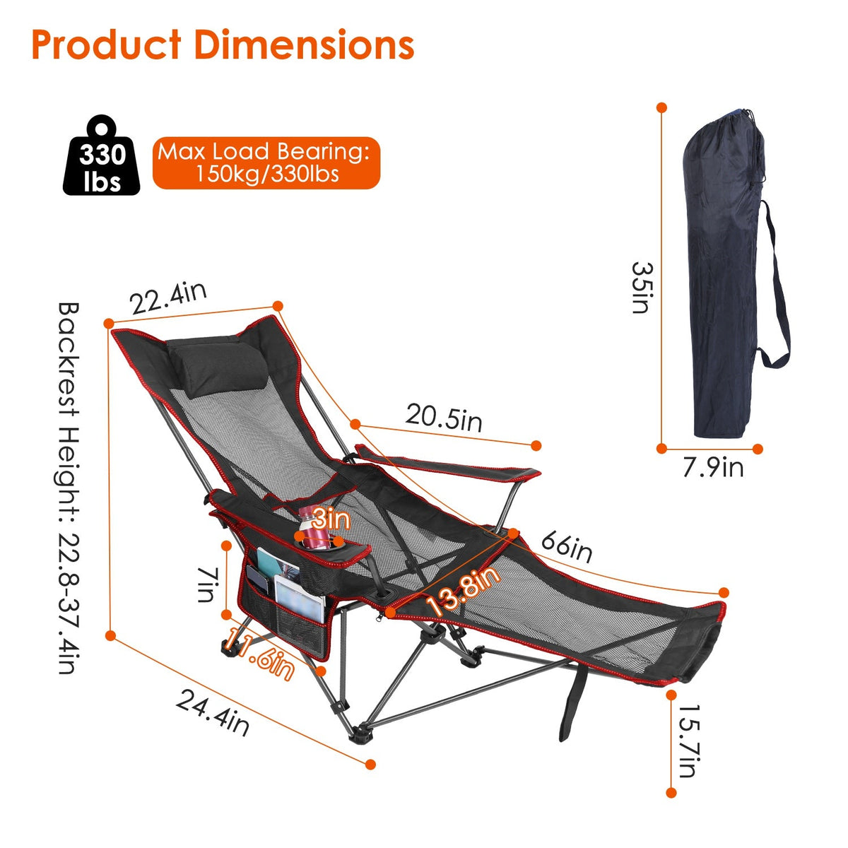 Foldable Camping Chair, 330lb, Reclining Backrest