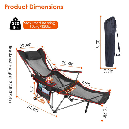 Foldable Camping Chair, 330lb, Reclining Backrest