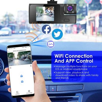 3-Channel WiFi Dash Cam 1080P Front Rear Inside