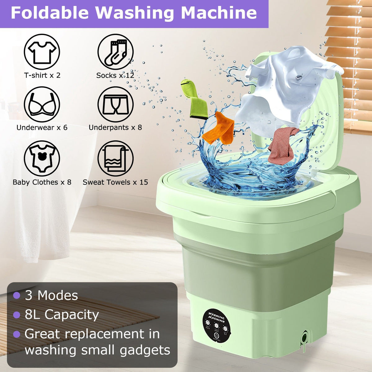 Portable Foldable Washing Machine, 8L, 3 Modes
