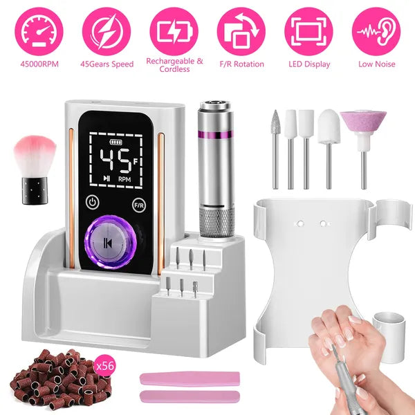 Electric Nail Drill, 45000 RPM Cordless with 11 Bits