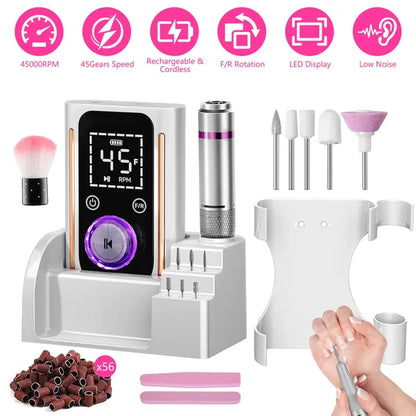 Electric Nail Drill, 45000 RPM Cordless with 11 Bits