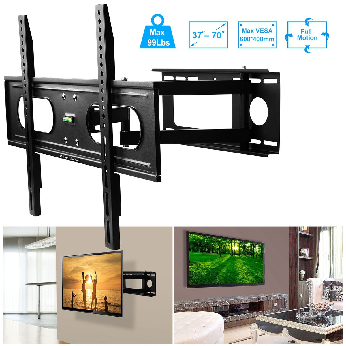Full Motion TV Wall Mount, Fits 37-70 in, Holds 99 lbs