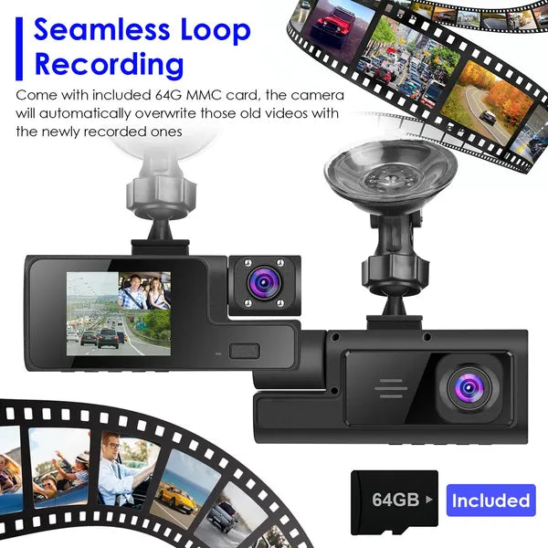 3-Channel WiFi Dash Cam 1080P Front Rear Inside