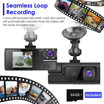 3-Channel WiFi Dash Cam 1080P Front Rear Inside