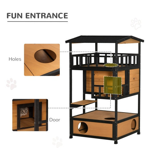 3-Tier Wooden Outdoor Cat House with Balcony