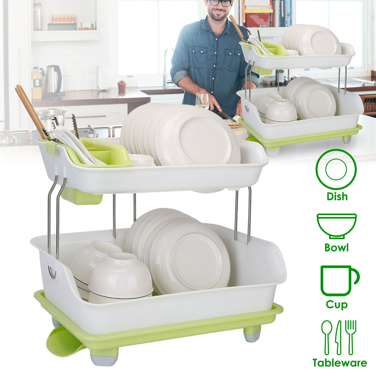 2-Tier Dish Drying Rack with Cutlery Holder
