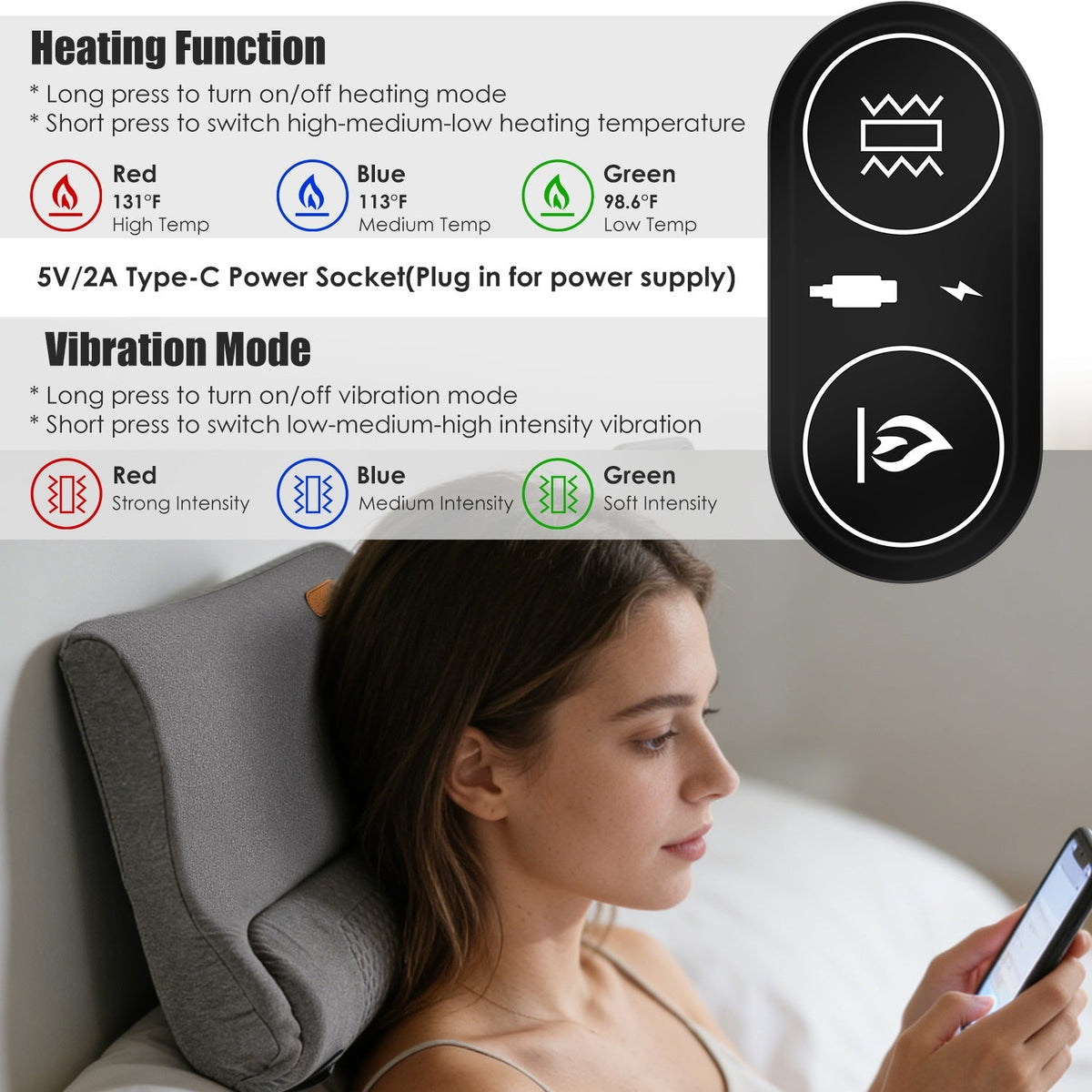 Heated Neck Massager Pillow, Vibration + Memory Foam