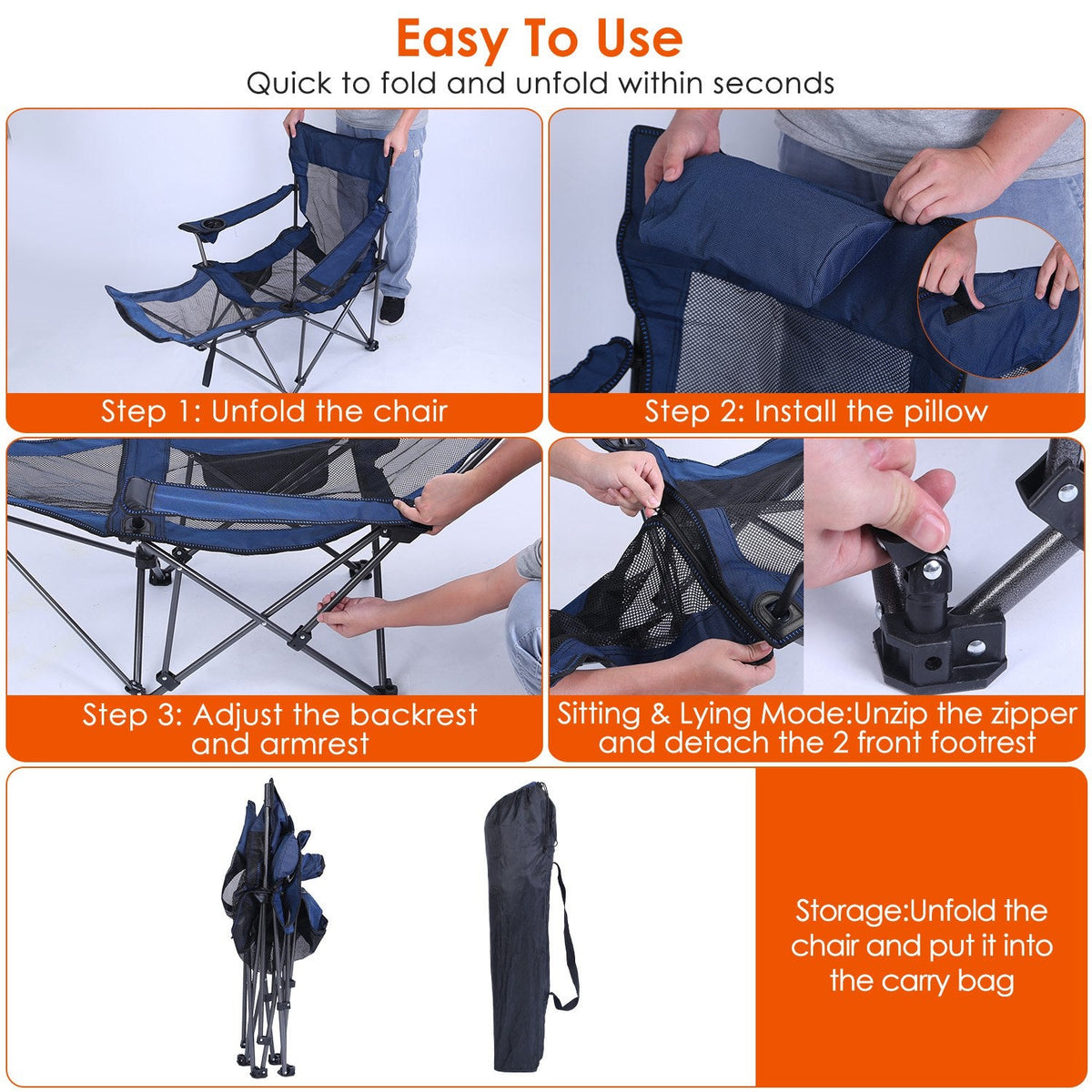 Foldable Camping Chair, 330lb, Reclining Backrest