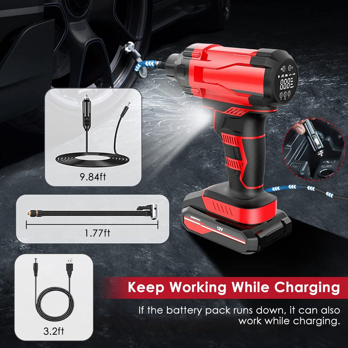 Cordless Tire Inflator, 150PSI with LED Light